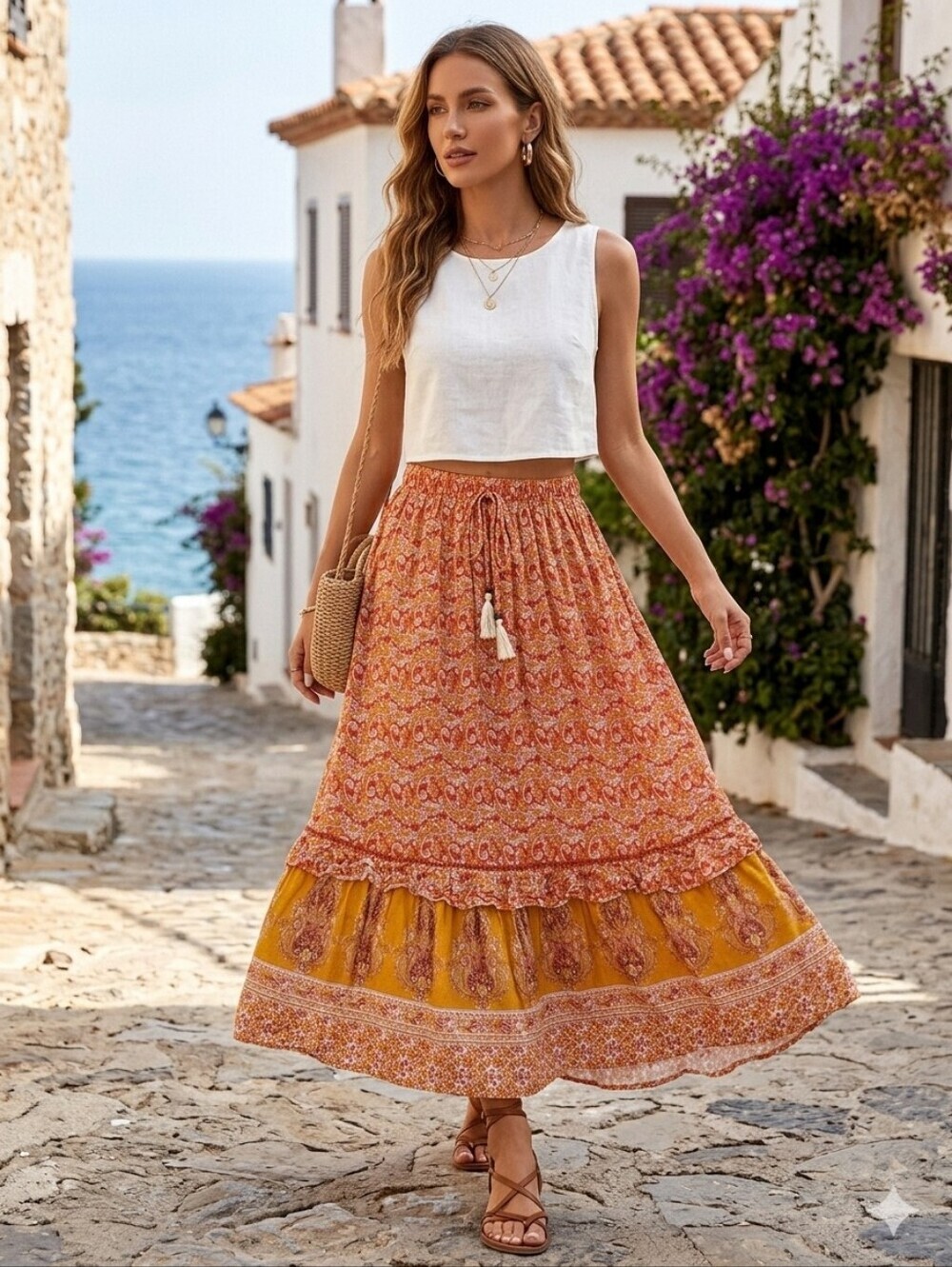 Cynthia Rowley Women's Boho Floral Paisleu Orange Viscose Midi Skirt Size Small